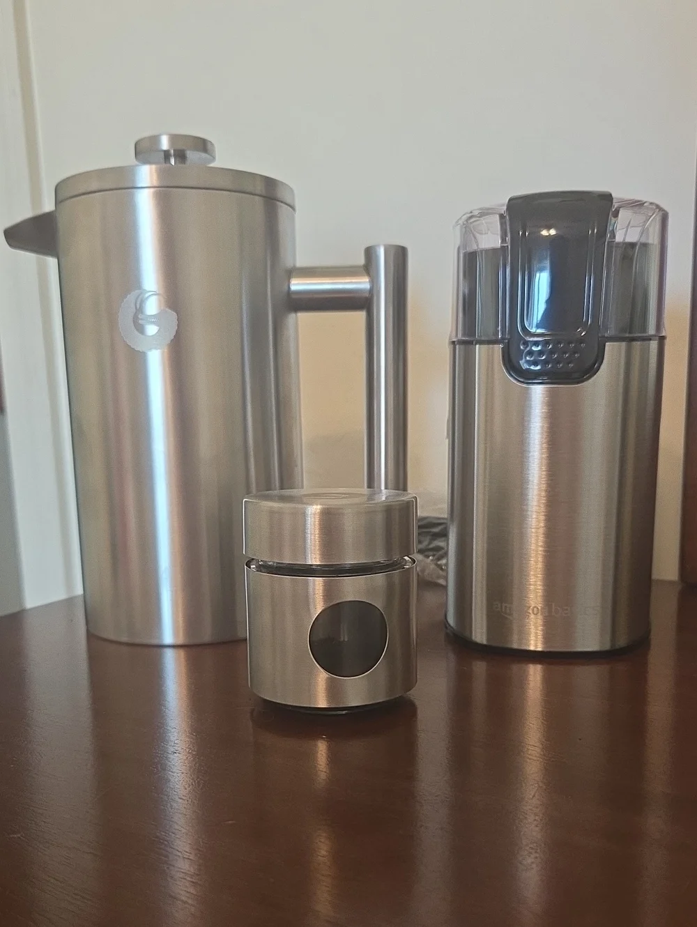 Brushed Silver French Press Set with Grinder & Storage Jar - Silver